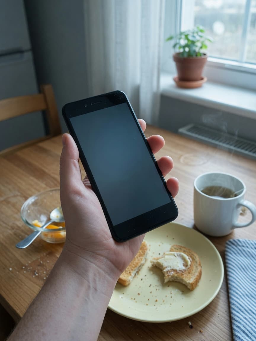 A hand holding a phone in morning light. The phone is the inbox, not the computer.